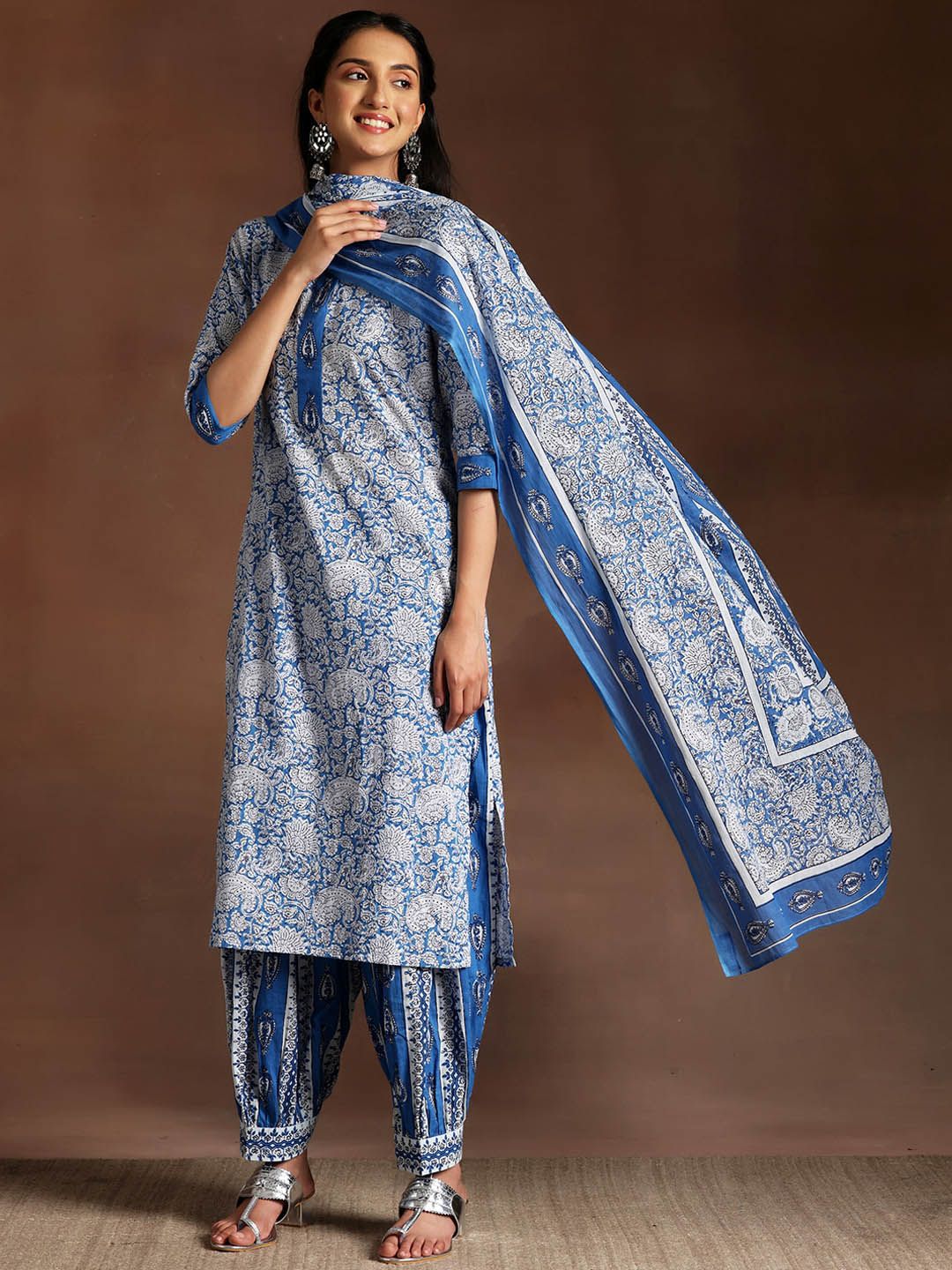 Libas Blue Floral Printed Round Neck Pure Cotton Straight Kurta With Salwar & Dupatta