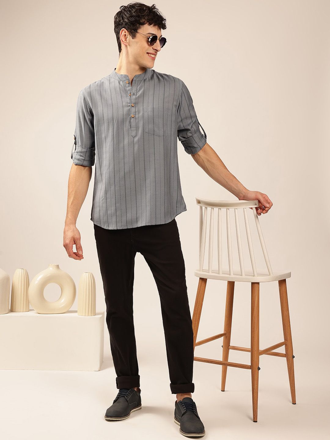 Anouk Striped Mandarin collar Pathani Short Kurta