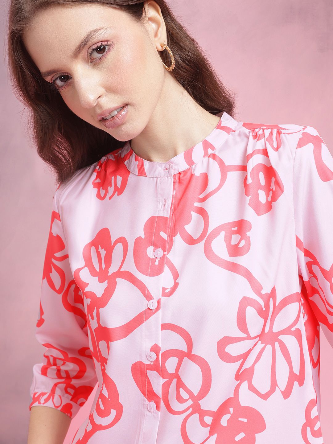 DressBerry Floral Print Band Collar Shirt Style Top