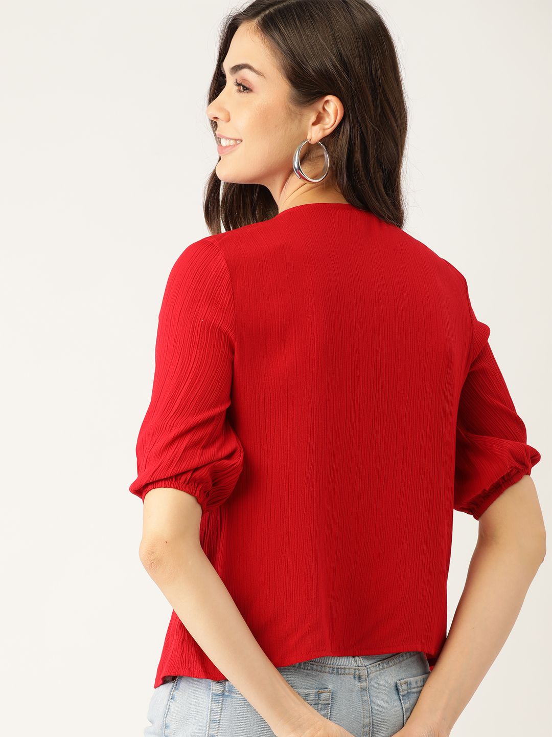 DressBerry Red & Blue Floral Embroidered Keyhole Neck Puff Sleeve Empire Top