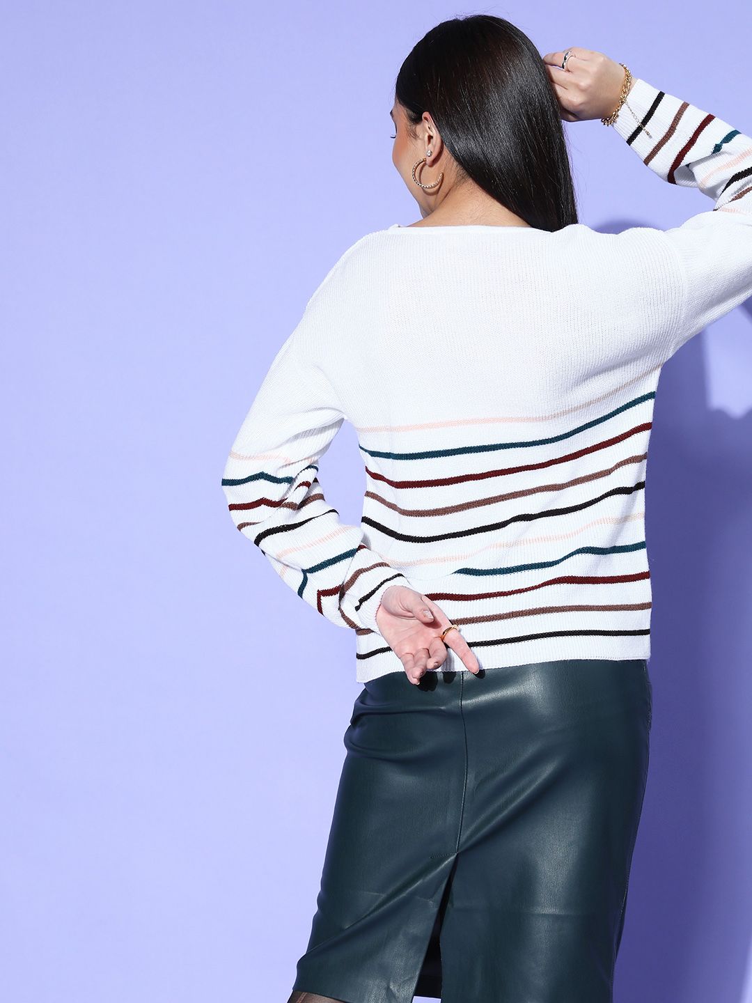 Berrylush Women White Striped Knits Bits Sweater