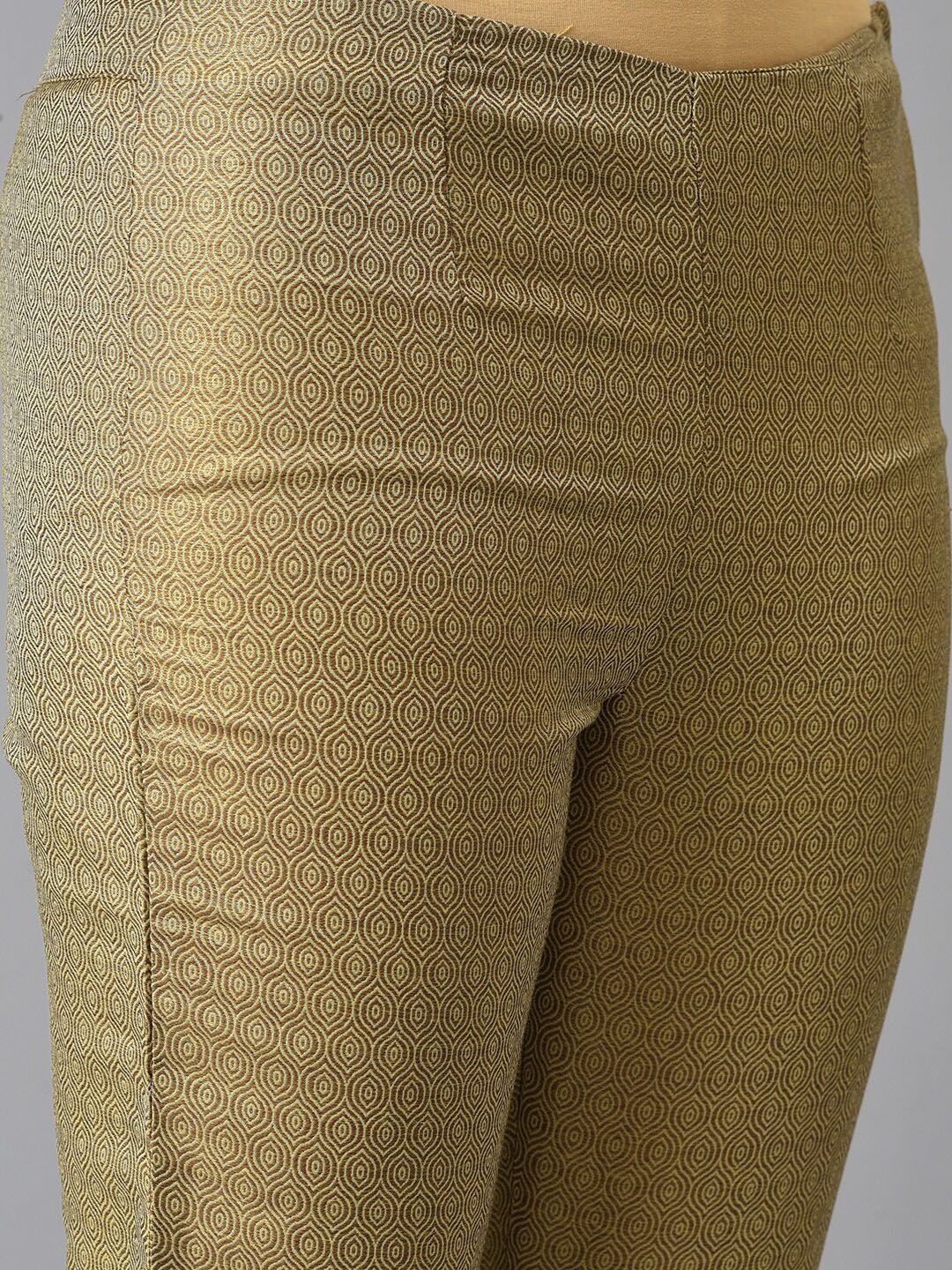 W Women Gold-Toned Woven Design Comfort Slim Fit Cropped Trousers