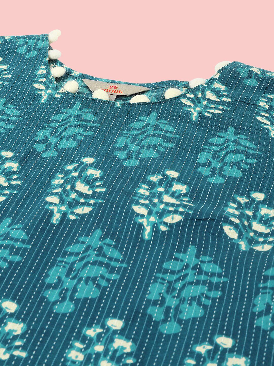 Anouk Teal Blue Ethnic Motifs Printed Pom Pom Pure Cotton Straight Short Kurti