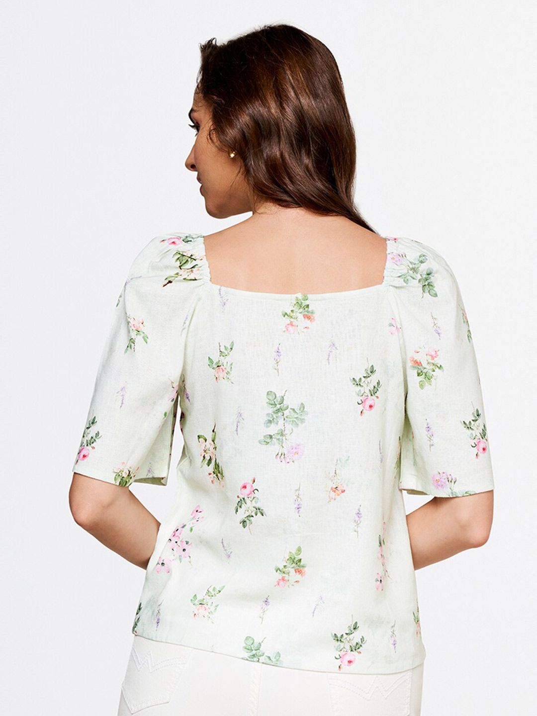 AND Green Floral Printed Round Neck Linen Top