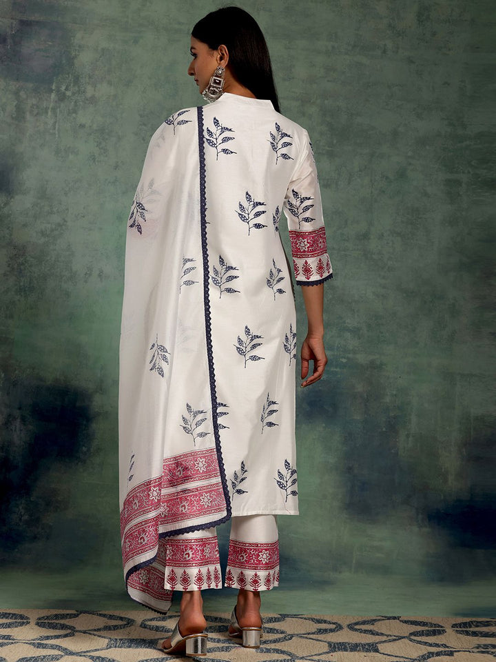 Libas White Floral Printed Gotta Patti Straight Kurta With Trousers & Dupatta