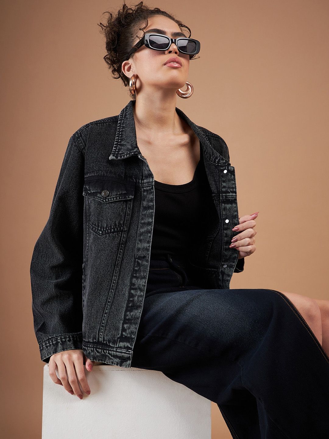 SASSAFRAS Black Washed Spread Collar Denim Jacket