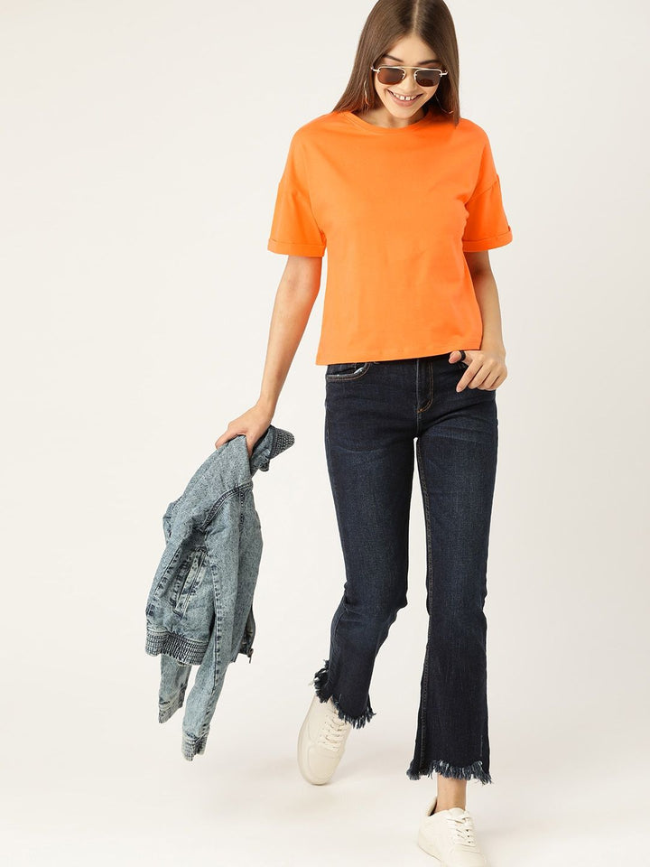 DressBerry Women Orange Extended Sleeved Cotton T-shirt