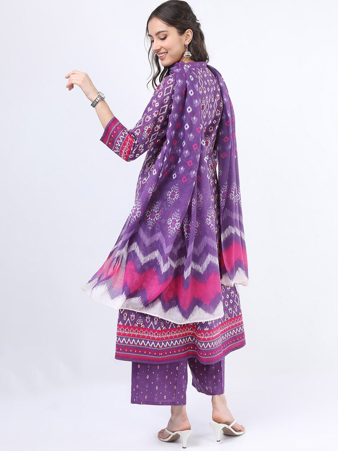 Vishudh Women Purple Printed Empire Pure Cotton Anarkali Kurta With Trousers And Dupatta