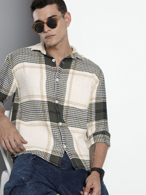 The Indian Garage Co Pure Cotton Checks Waffles Textured Opaque Relaxed Fit Casual Shirt