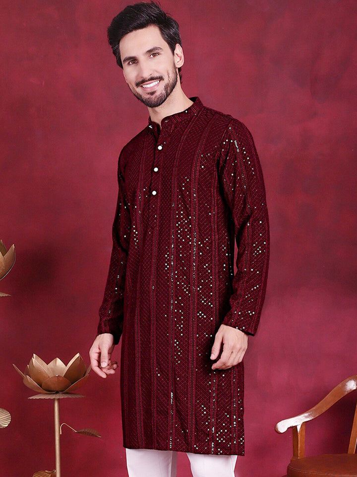 Jompers Geometric Embroidered Band Collar Chikankari Kurta