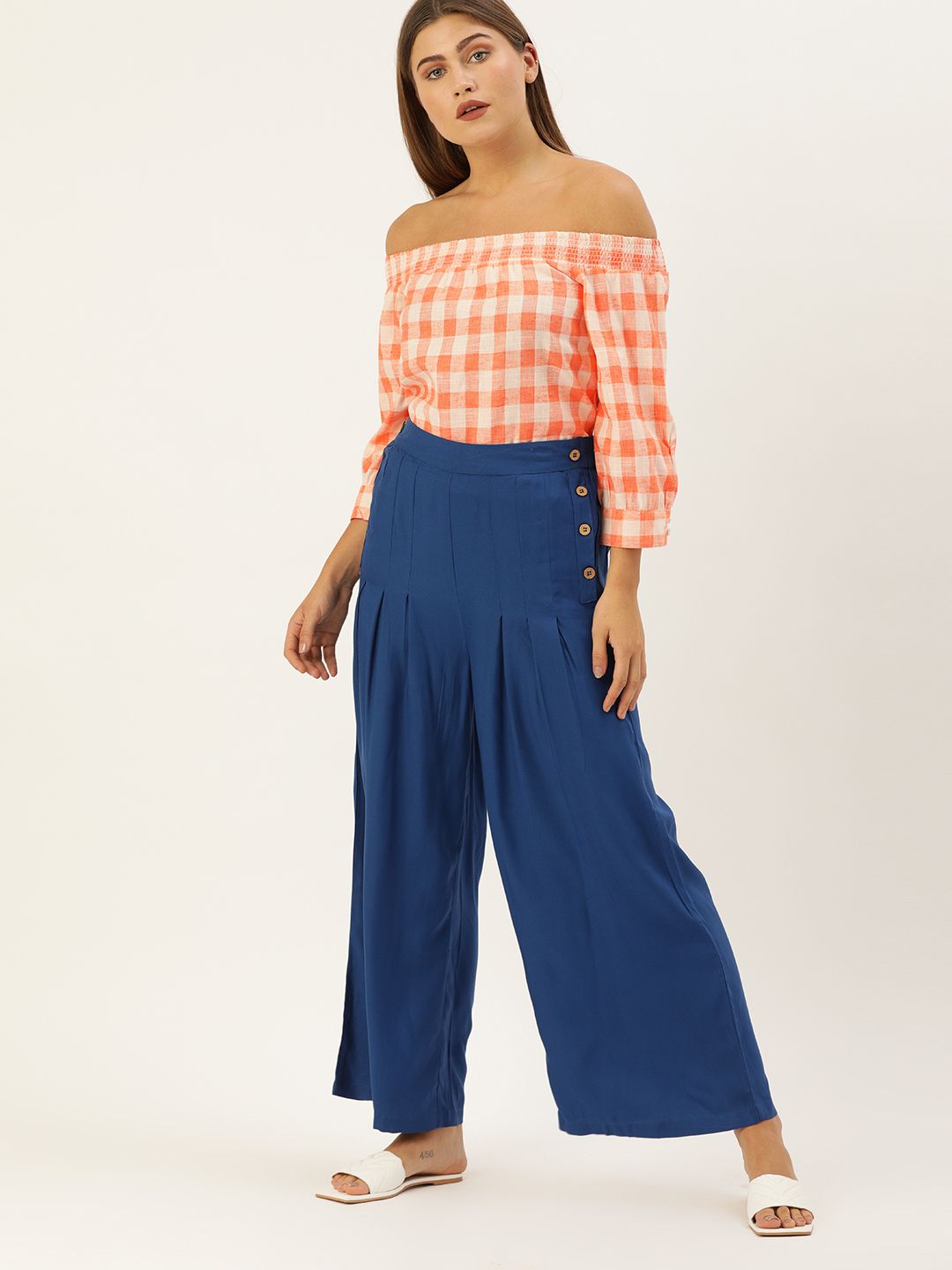 AND Coral Orange & Beige Checked Off-Shoulder Regular Top