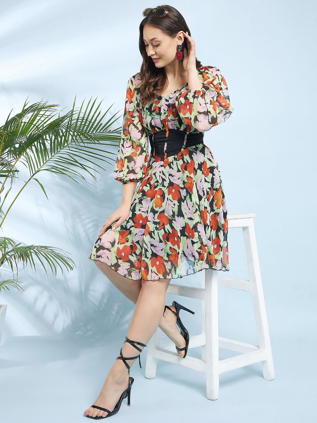 Antheaa Black Round Neck Floral Printed Chiffon Corset Fit & Flare Dress