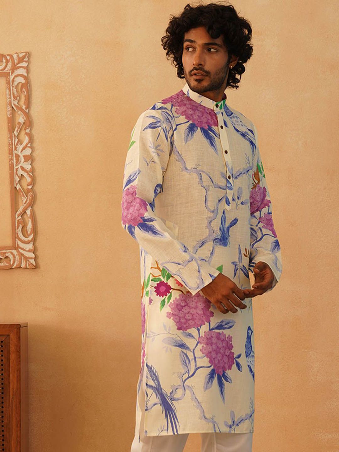 Jompers Floral Printed Band Collar Pure Cotton Straight Kurta