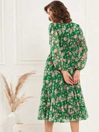 Antheaa Green Floral Printed V-Neck Puff Sleeve Pleated Tiered Fit & Flare Dress