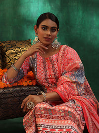 Libas Floral Printed Mirror Work Linen Kurta with Trousers & Dupatta