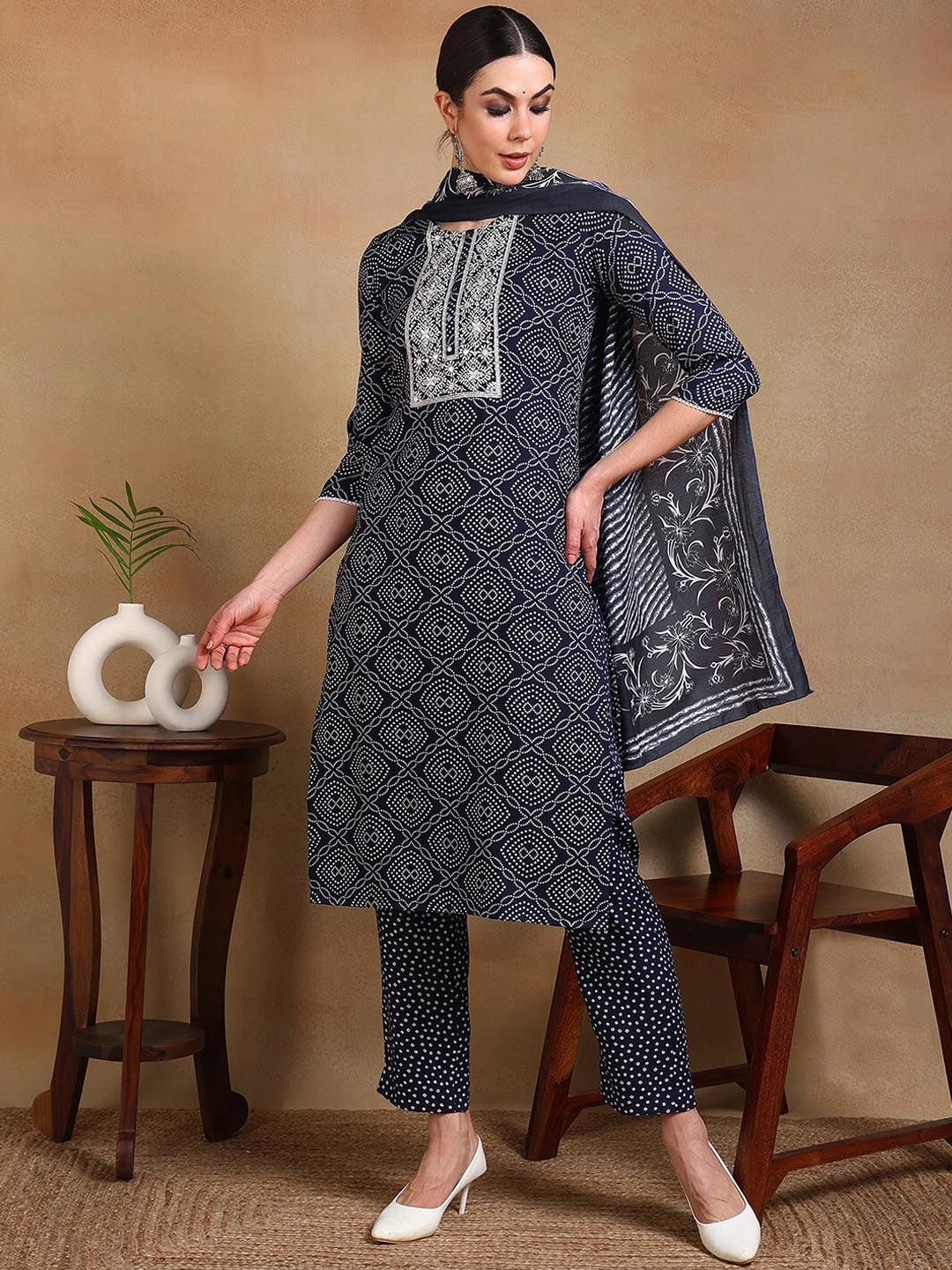 KALINI Women Bandhani Printed Regular Thread Work Kurta with Trousers & With Dupatta