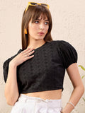 SASSAFRAS Black Self Design Puff Sleeve Cotton Schiffli Crop Top