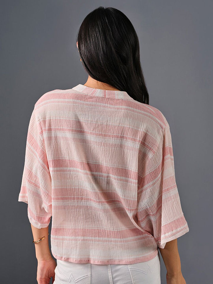 AND Verical Striped V-Neck Drop-Shoulder Sleeves Shirt Style Top