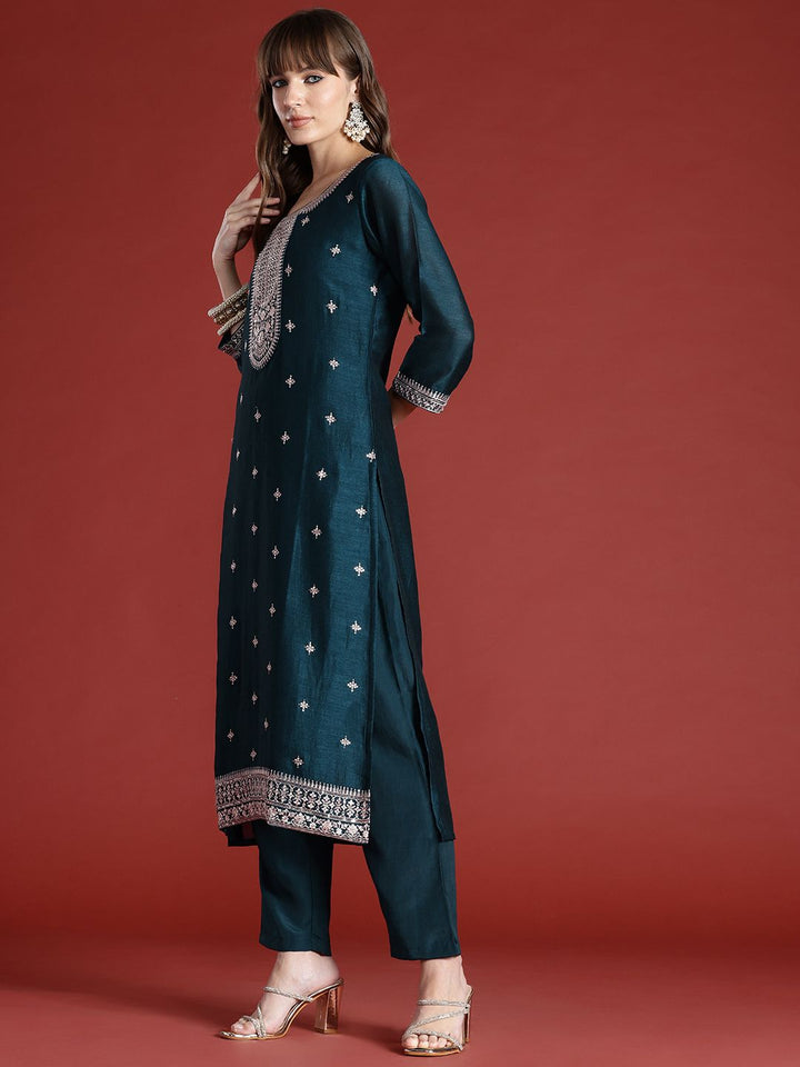 Indo Era Floral Embroidered Sequinned Kurta with Trousers & With Dupatta