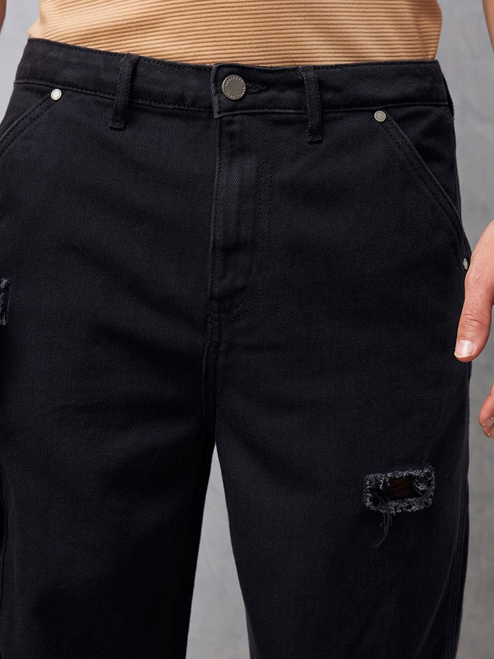 Bewakoof Men's Black Baggy Distressed Cargo Mid-Rise Jeans