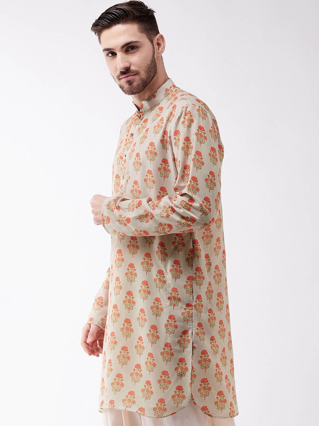 VASTRAMAY Men Beige Floral Thread Work Kurta