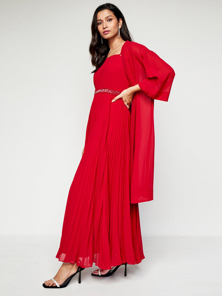 AND Sequined Shoulder Straps Fit & Flare Maxi Dress With Shrug