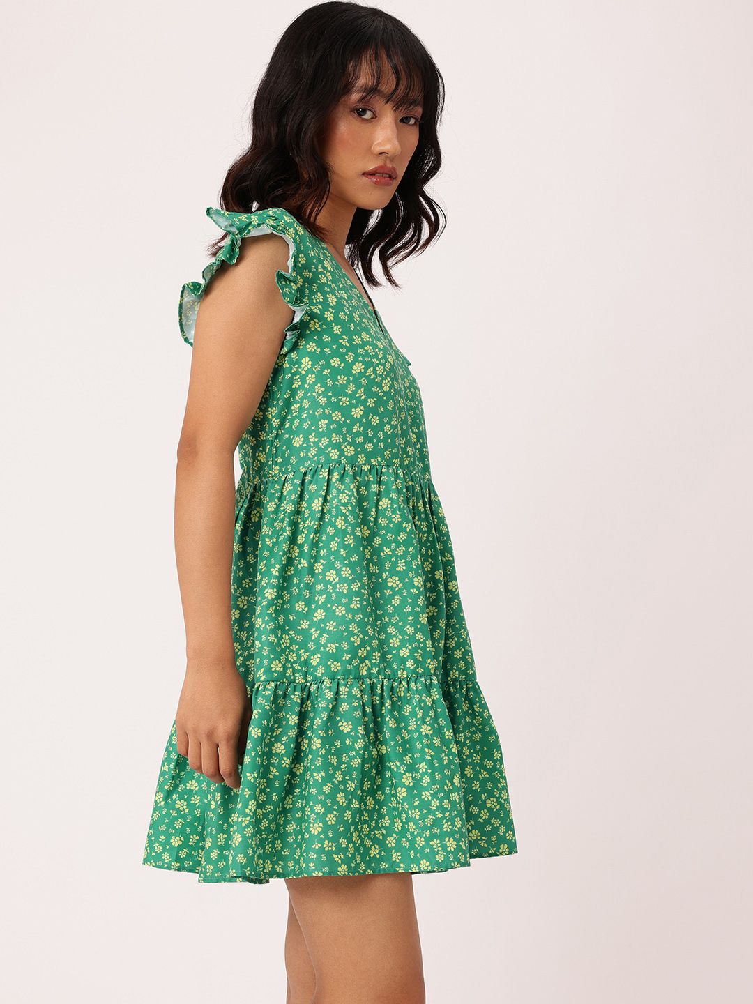 DressBerry Chic Floral Printed Flutter Sleeve Gathered Tiered A-Line Mini Dress