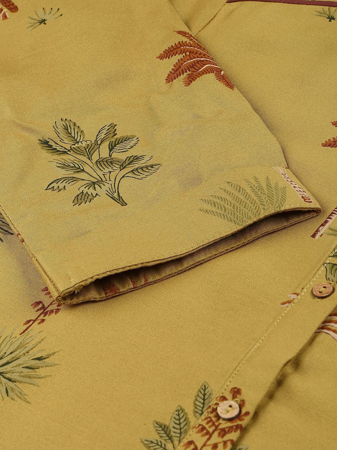 W Floral Printed Mandarin Collar Roll-Up Sleeves Pathani Kurta