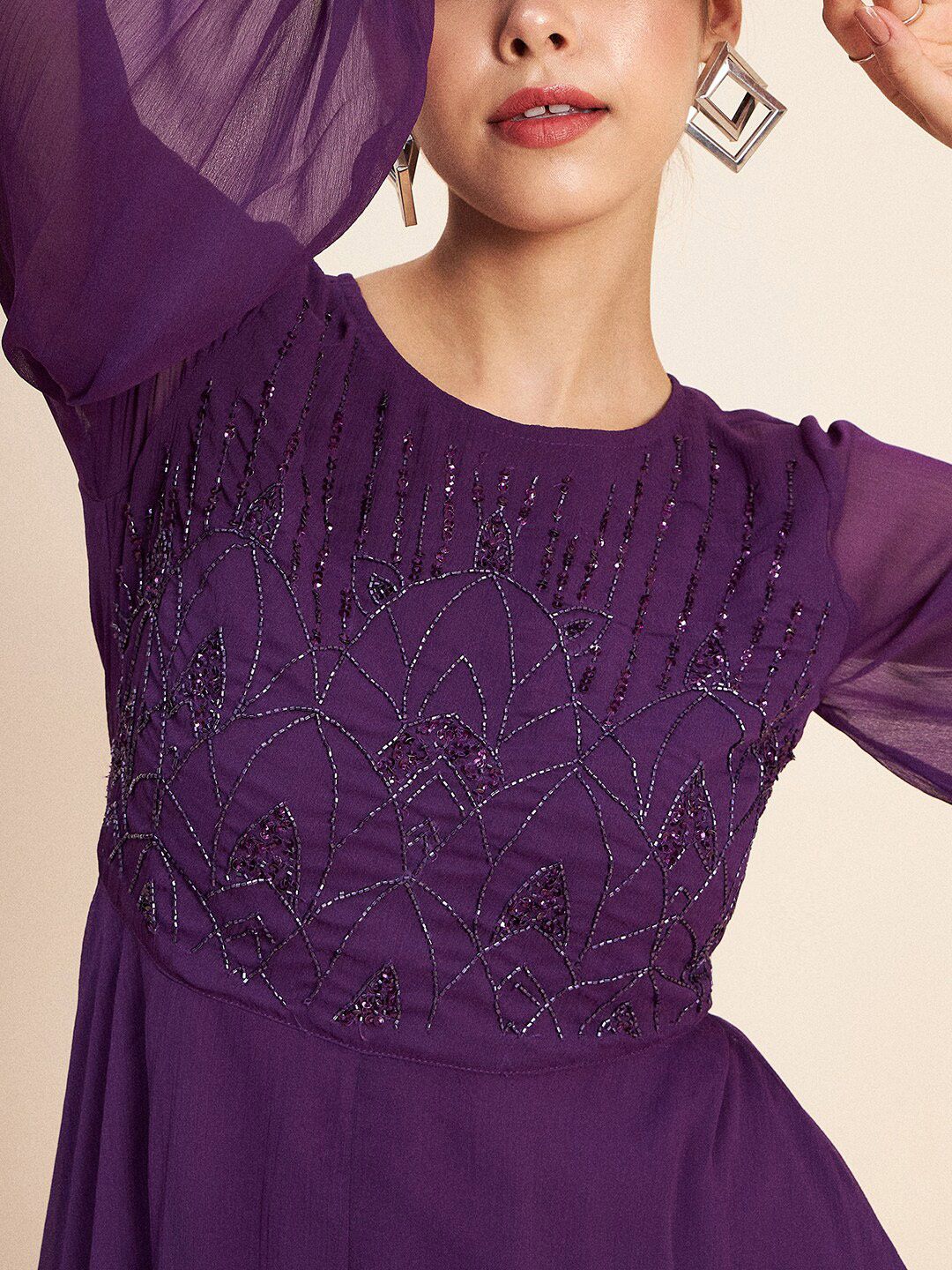 Antheaa Purple Embellished Puff Sleeves Gathered Fit & Flare Midi Dress