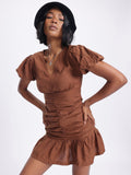 DressBerry Ruched Puff-Sleeves Mini Dress