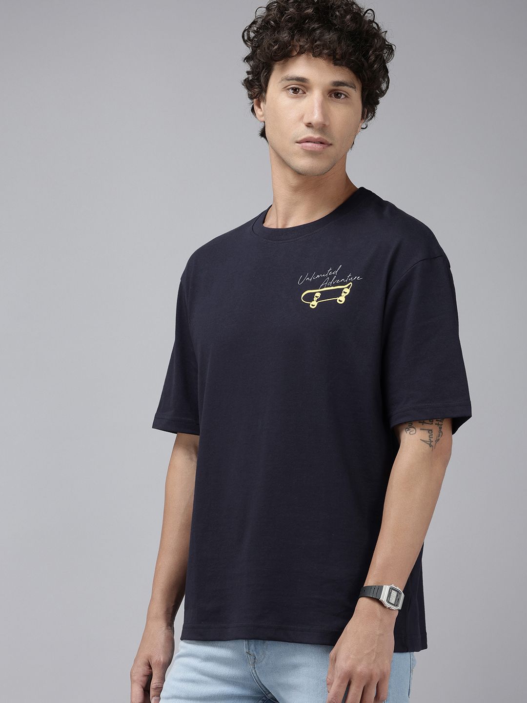 SPYKAR Graphic Printed Drop-Shoulder Sleeves Oversized T-shirt