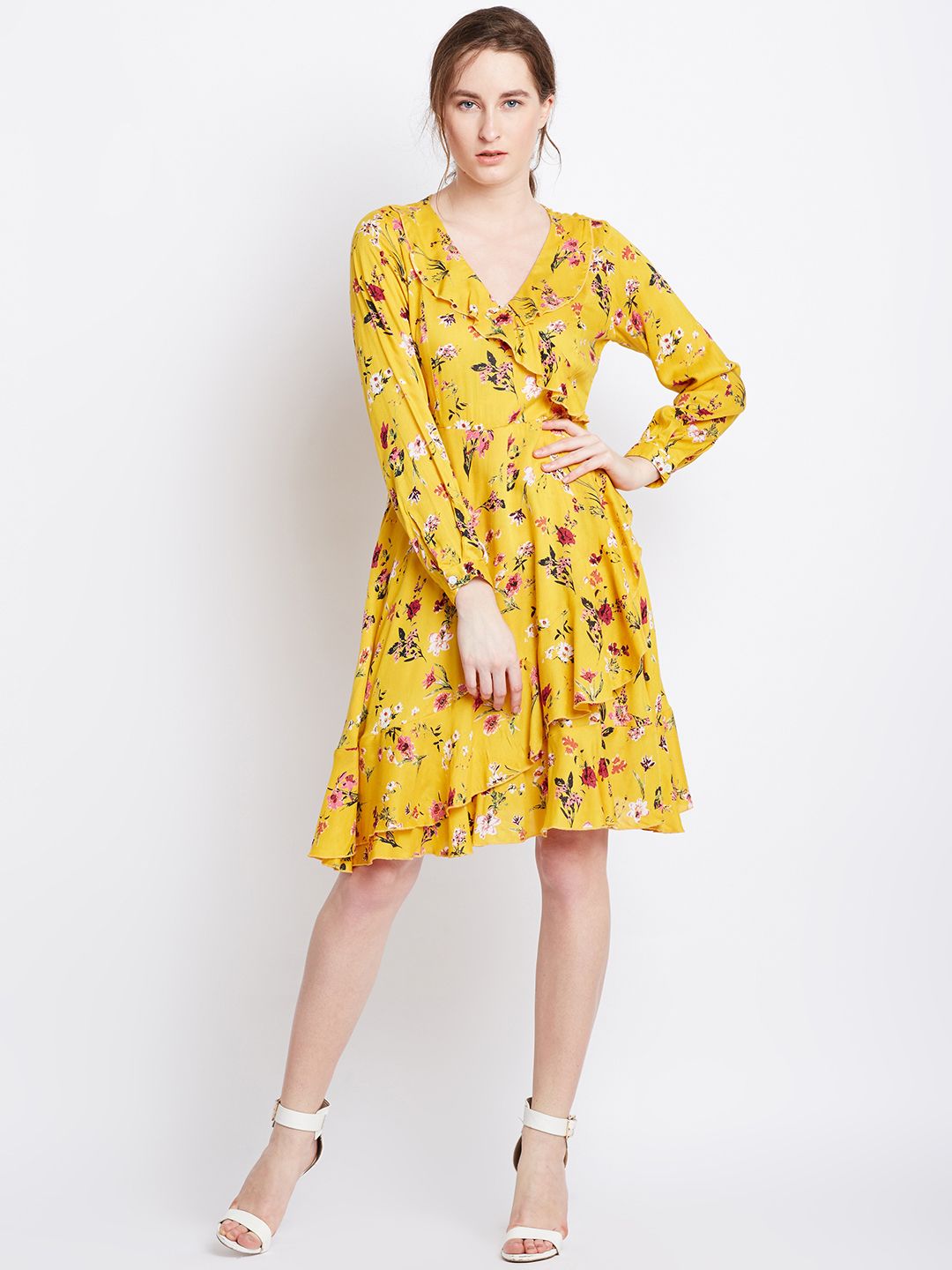 Berrylush Women Yellow Floral Printed Fit and Flare Dress