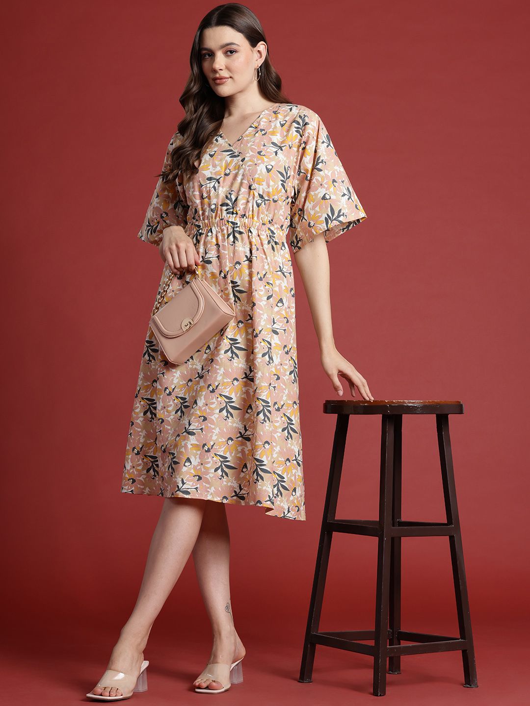 all about you Pure Cotton Floral Print Flared Sleeves Wrap Dress