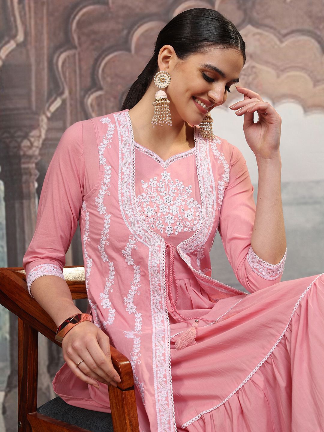 Vishudh Pink Floral Embroidered Tiered Cotton Fit and Flare Midi Dress With Shrug