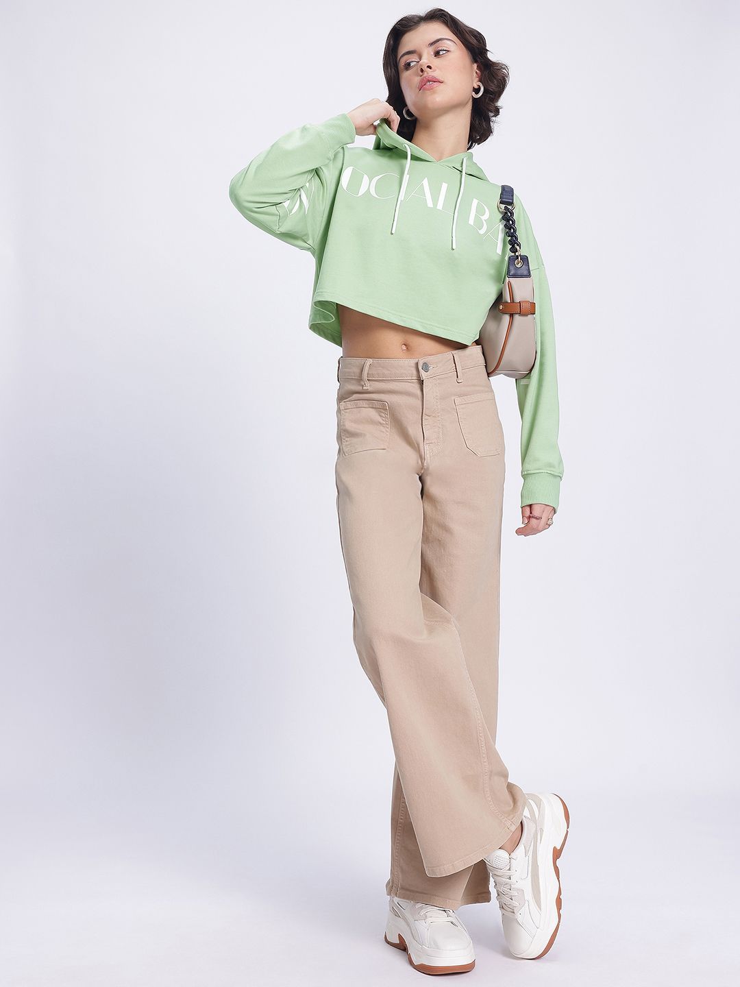 DressBerry Printed Hooded Boxy Crop Sweatshirt