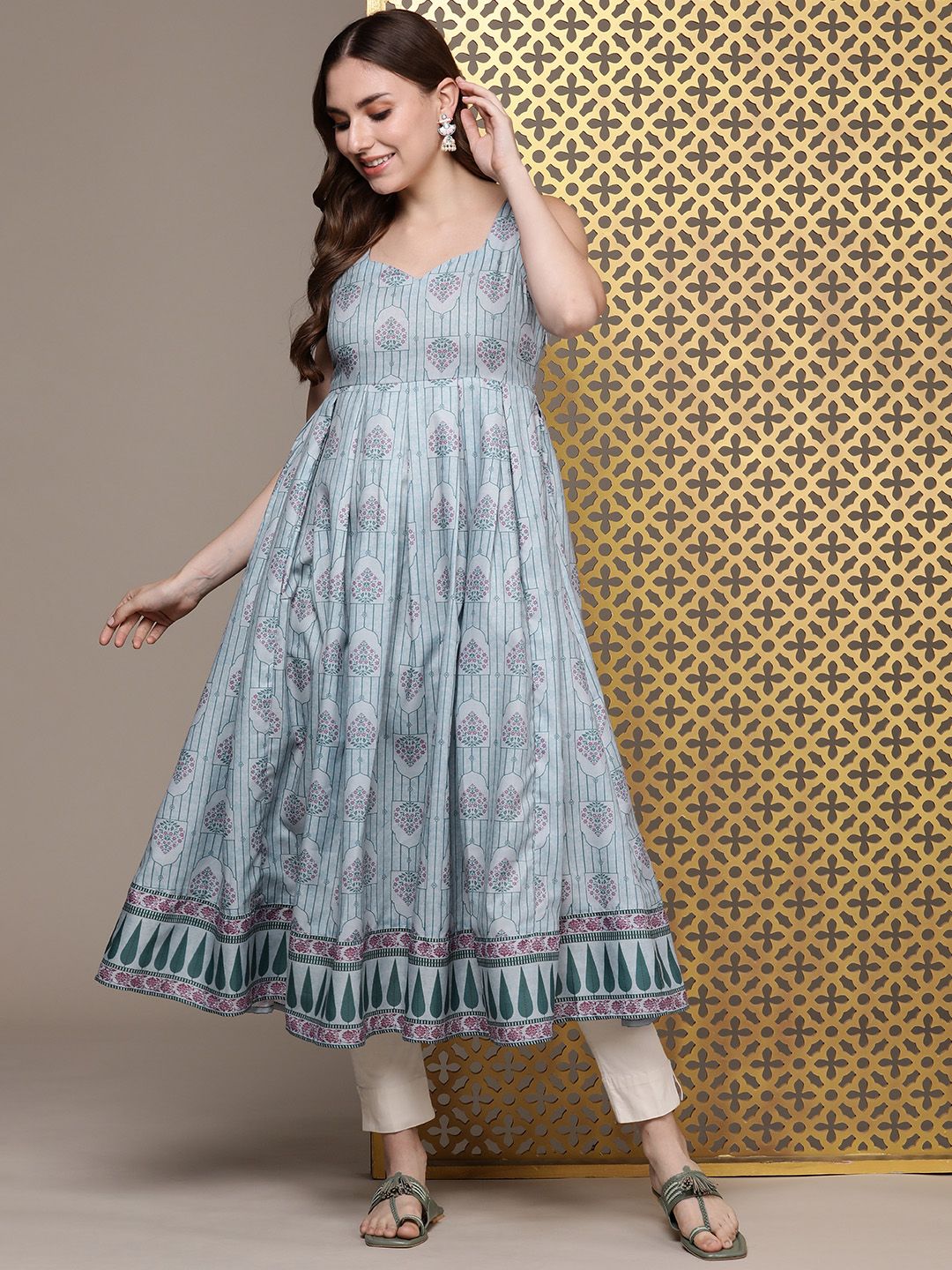 House of Pataudi Ethnic Motifs Printed A-Line Pleated Jashn Kurta