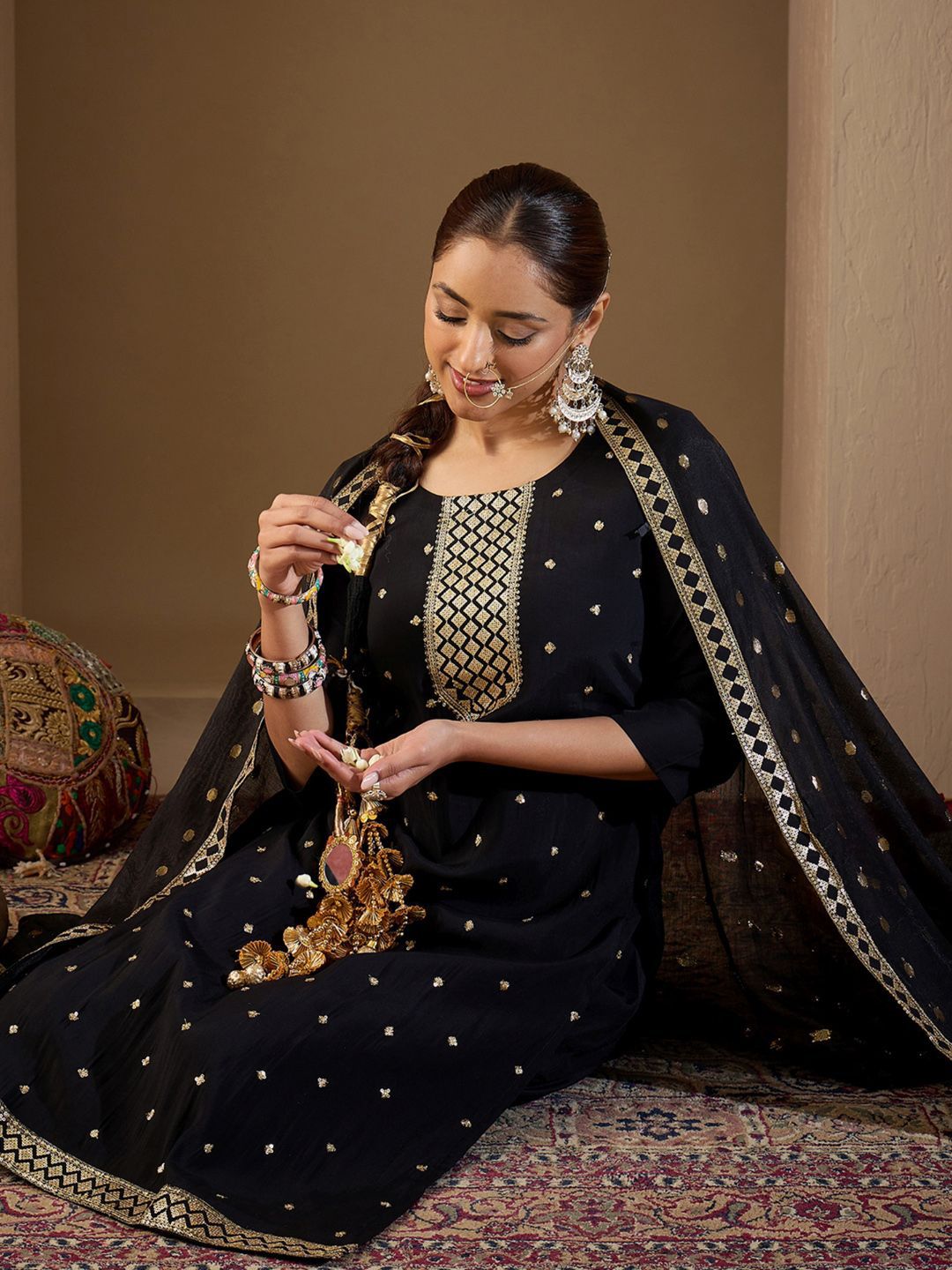 Indo Era Women Ethnic Motifs Embroidered Regular Sequinned Kurta with Trousers & With Dupatta