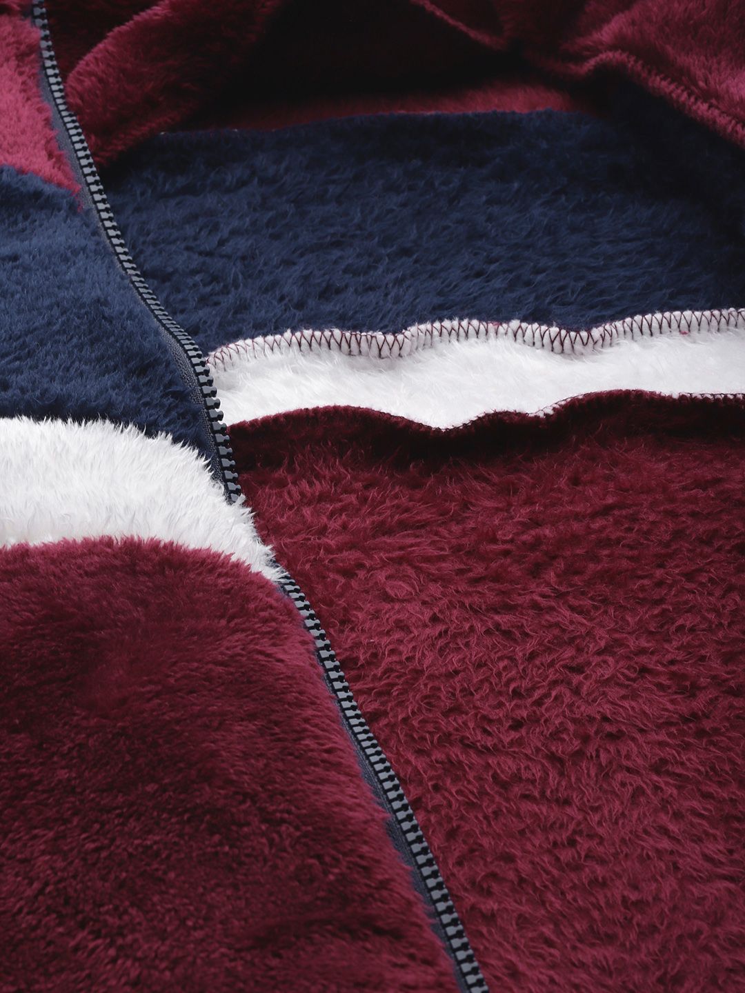 DressBerry Women Burgundy & Navy Blue Faux Fur Colourblocked Sherpa Jacket