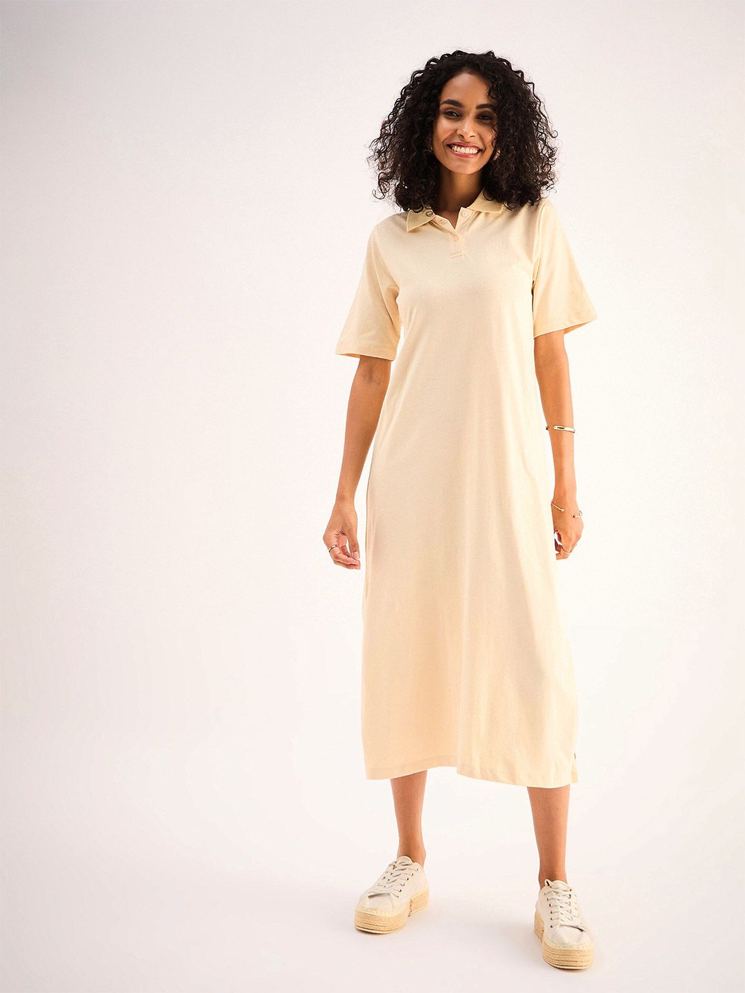 SASSAFRAS BASICS Beige Shirt Collar Pure Cotton Oversized T-shirt Midi Dress