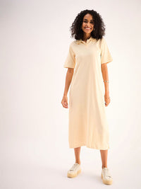 SASSAFRAS BASICS Beige Shirt Collar Pure Cotton Oversized T-shirt Midi Dress