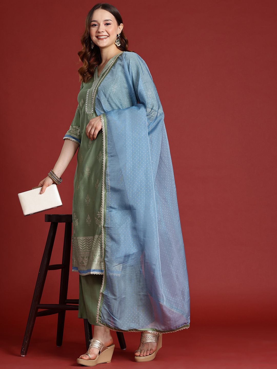 Anouk Printed Thread Work Kurta with Palazzos & Dupatta