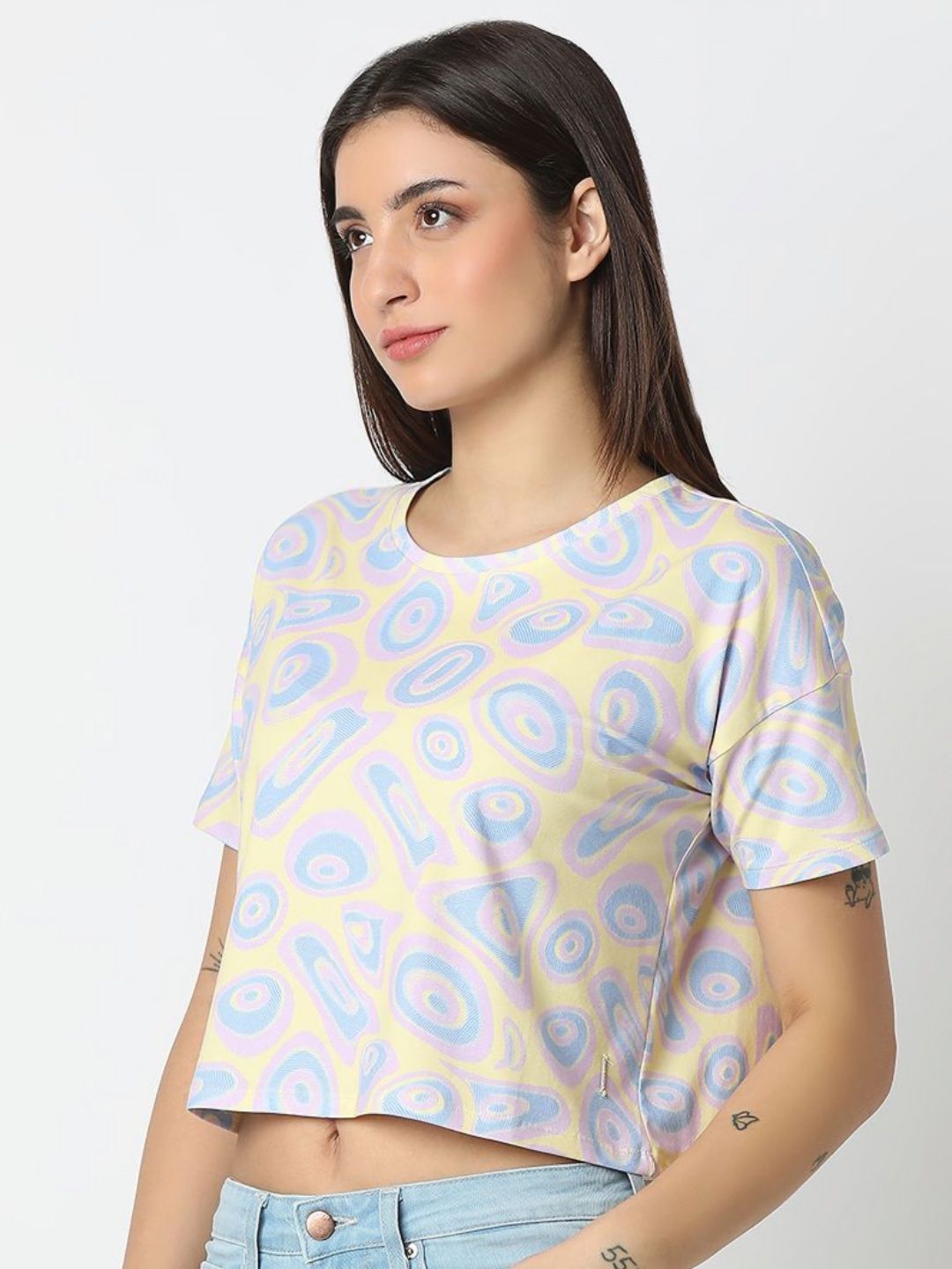SPYKAR Women Abstract Printed Round Neck Cotton T-shirt