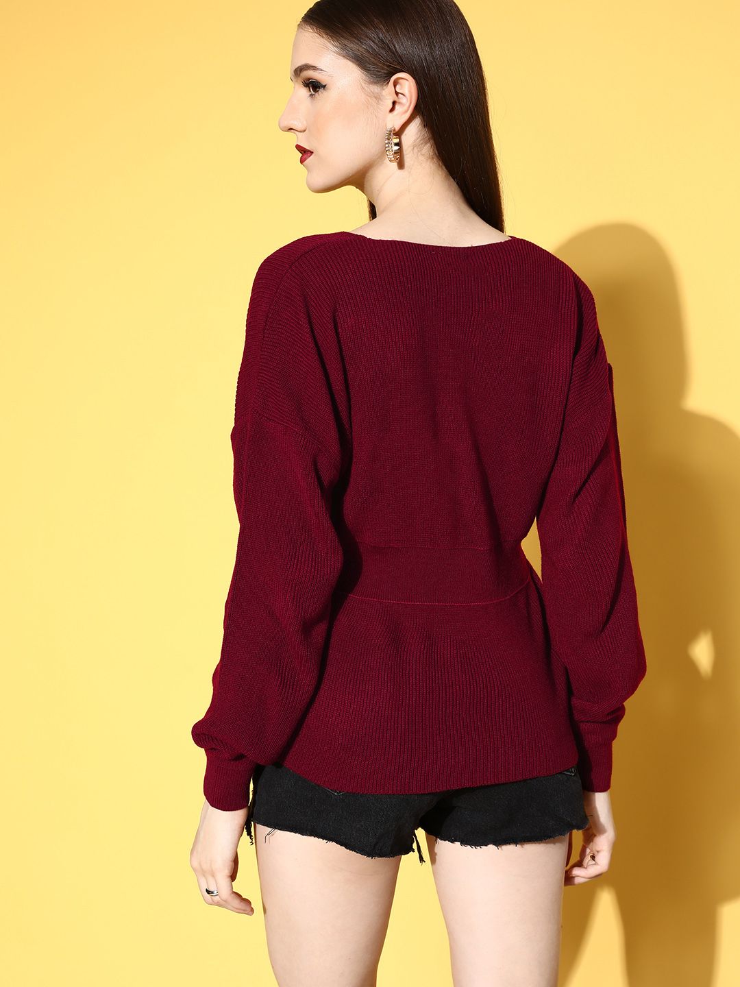 Berrylush Women Maroon Solid Knits Bits Sweater