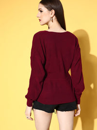 Berrylush Women Maroon Solid Knits Bits Sweater
