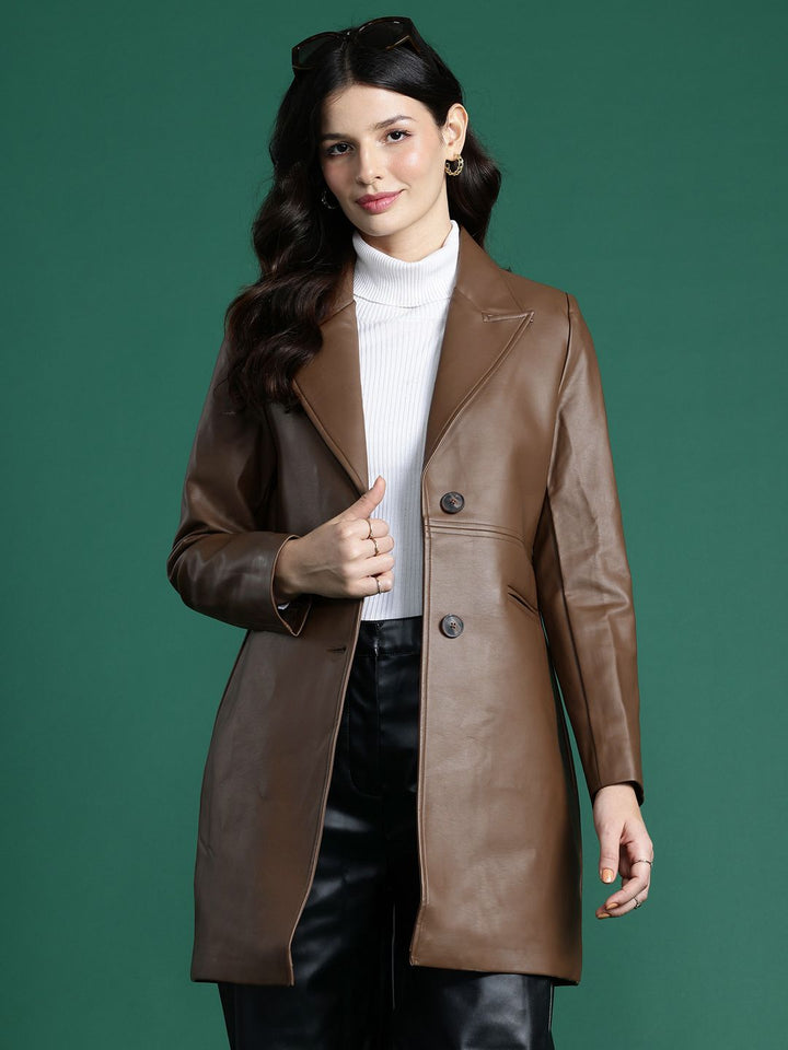 DressBerry Notched Lapel Collar Faux Leather Overcoat