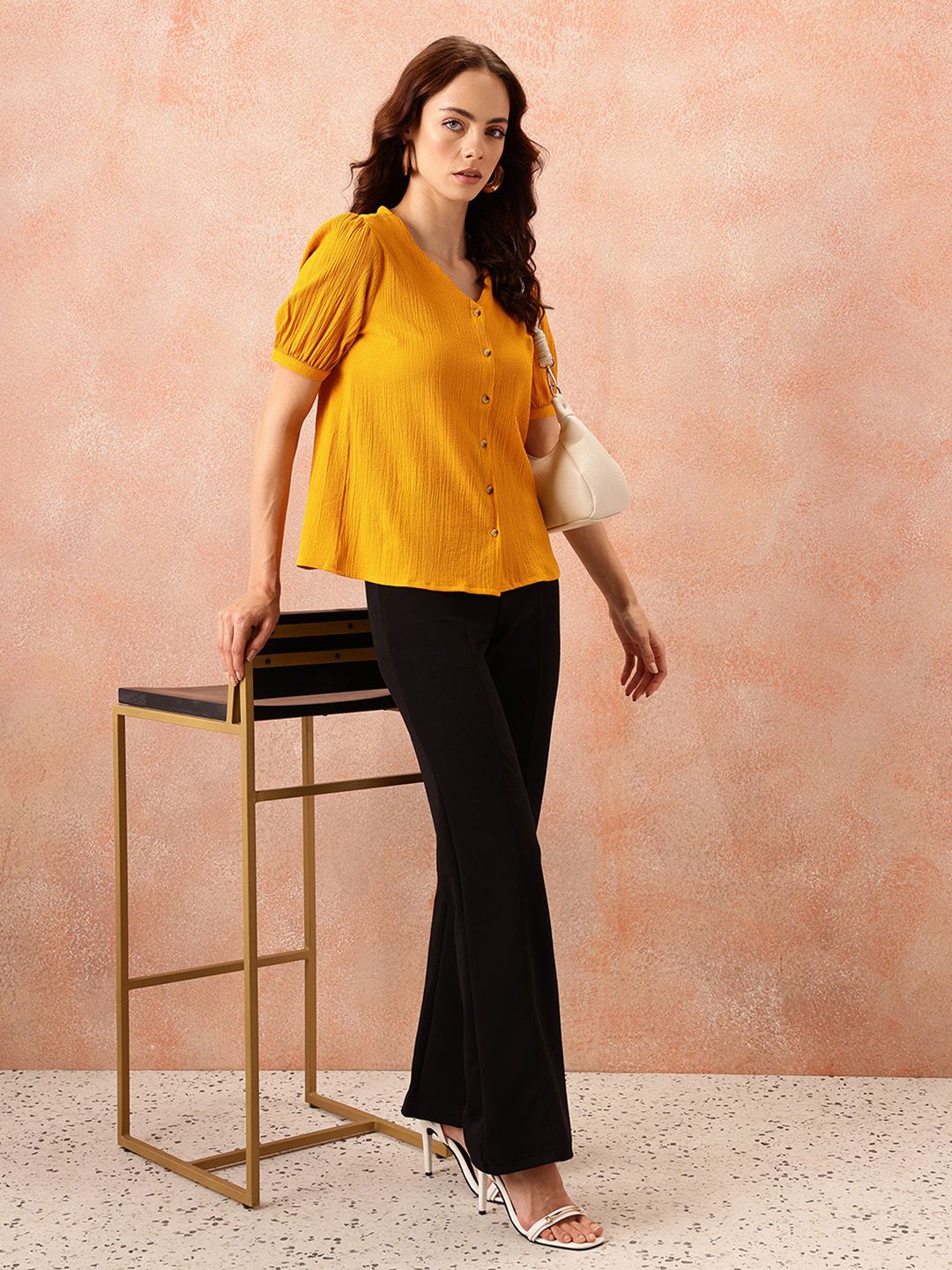 all about you Textured Puff Sleeves Top