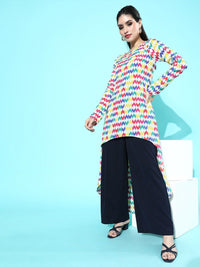 Berrylush Multicoloured Geometric Print Round Neck Polyester Crepe High-Low Longline Top