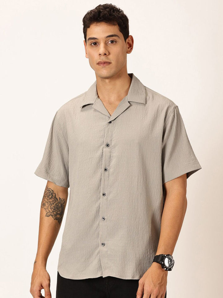 Thomas Scott Premium Slim Fit Self Design Textured Cuban Collar Seersucker Casual Shirt