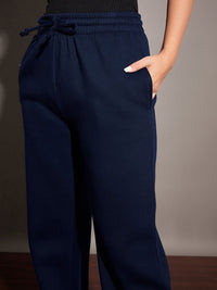 SASSAFRAS Women Navy Blue Relaxed Fit Mid-Rise Fleece Track Pants