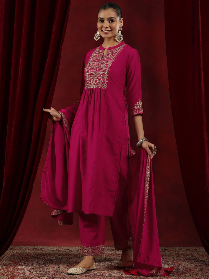 Libas Pink Floral Yoke Design Mandarin Collar Dobby Weave Kurta with Trousers & Dupatta